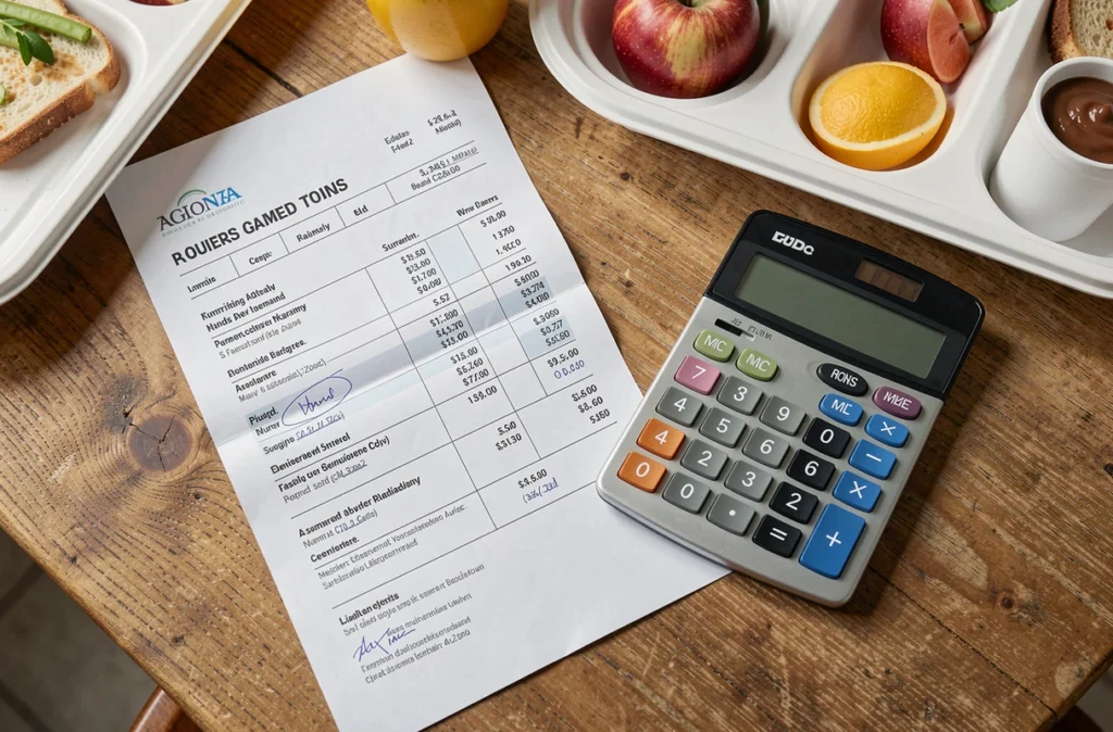 Fiche de paie et calculatrice posées près d'un plateau repas