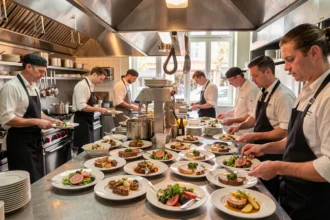Plats prêts à servir au passe d'une cuisine de restaurant